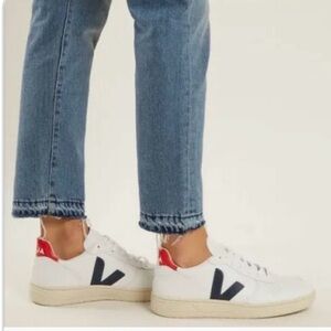 Veja White Sneakers with Navy V and Red Heel Tab
